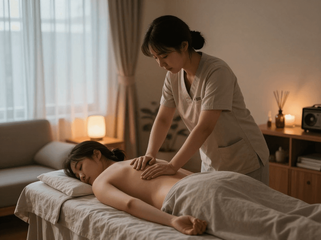 Relaxing home massage scene showcasing 일산출장마사지 with a professional therapist in a cozy living room setting.