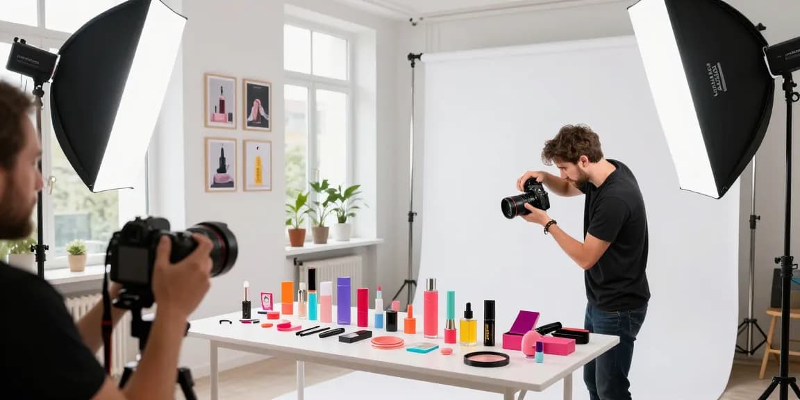 Affascinante scena in studio che mostra servizi professionali di fotografia di prodotto a Milano, con articoli diversi come cosmetici ed elettronica.