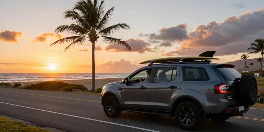 Noleggio lungo termine Ford in un viaggio panoramico lungo la costa al tramonto, auto Ford stilosa parcheggiata con surf sulla rastrelliera.